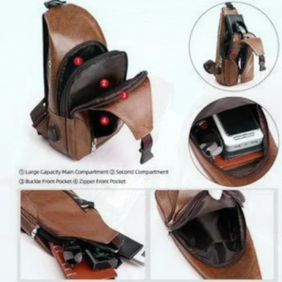 New Chest Bag with USB Charge Port Brown 247 - Picture 2 of 3